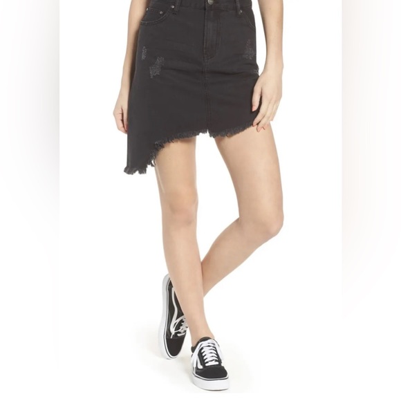 EVIDNT | Black Denim Asymmetrical Skirt 25 Distressed Raw Hem - Picture 2 of 9